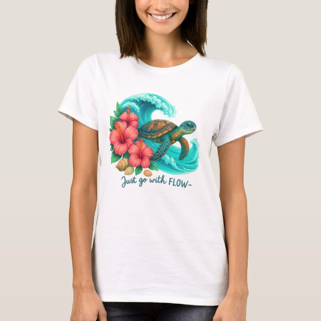 CAMISETA SÓLO VE CON LA MAREA TORTUGA OLAS FLORES (Anverso)