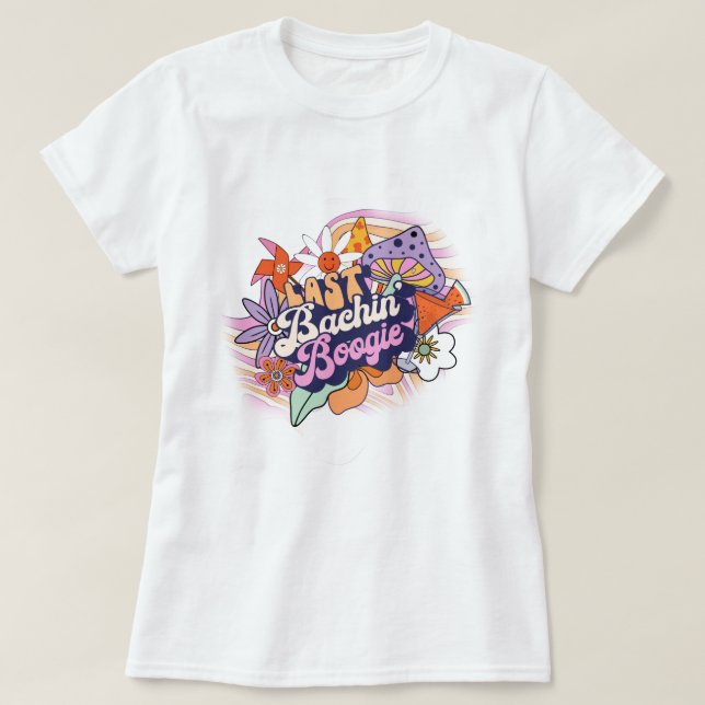 Camiseta Solterona Groovy de los 70 Última Fiesta Desmadrad (Diseño del anverso)