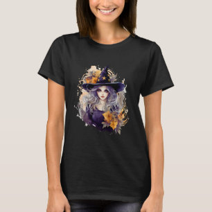 Camiseta Sombrero de Bruja Bonito con Estrellas Hojas Negra