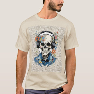 Camiseta Sonriente cráneo floral escuchando encaje auricula