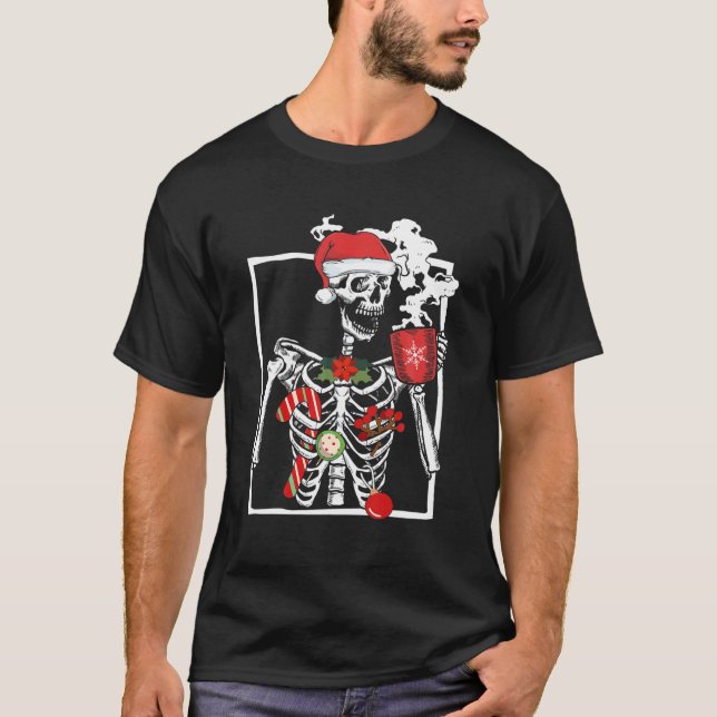 Camiseta Sonriente Skeleton Skull Bebiendo café Latte Chris (Anverso)