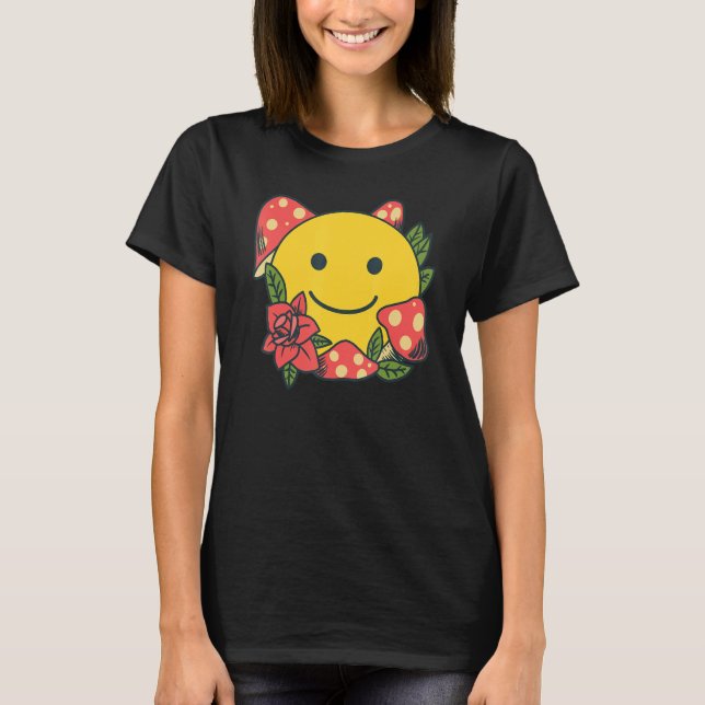 Camiseta Sonrisa amarilla Cara sonriente Cute hongo Rosa Fl (Anverso)