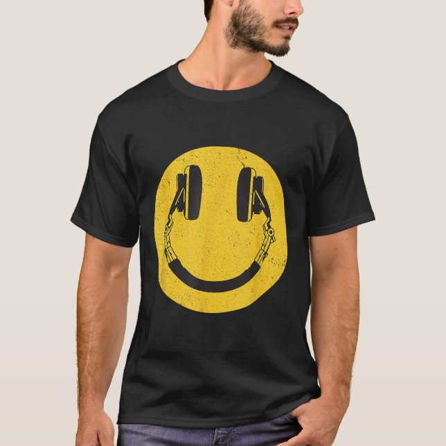 Camiseta Sonrisa retro música cara audífonos hombres mujere (Anverso)