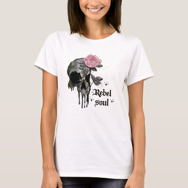 Camiseta Soul Rebel - Calavera gótica con rosa rosado (Anverso)