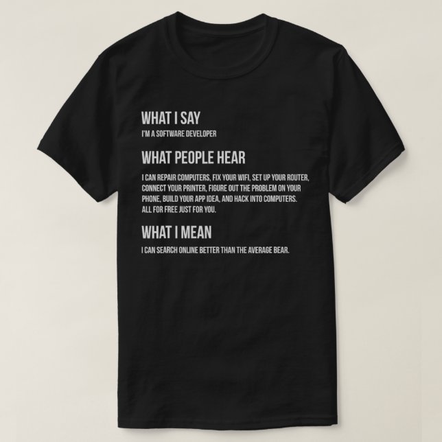 Camiseta Soy un desarrollador de software Lo que digo lo qu (Diseño del anverso)