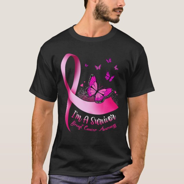 Camiseta Soy un sobreviviente mariposa Cinta rosa Cinta Cán (Anverso)