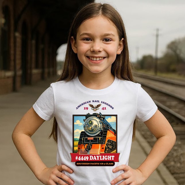 Camiseta SP GS-4 Daylight 4449 Steam Locomotive Retro Print (SP GS-4 Daylight 4449 Steam Locomotive Retro Print. Girl Basic White T-Shirt)