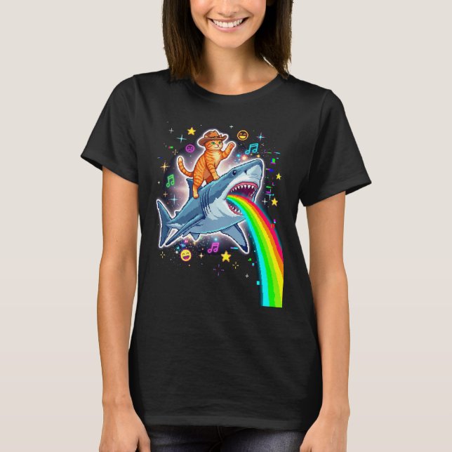Camiseta Space Cowboy Cat Riding Shark Rainbow Xel Art  (Anverso)