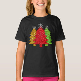 Camiseta Sparkling rojo dorado verde árbol de Navidad copo