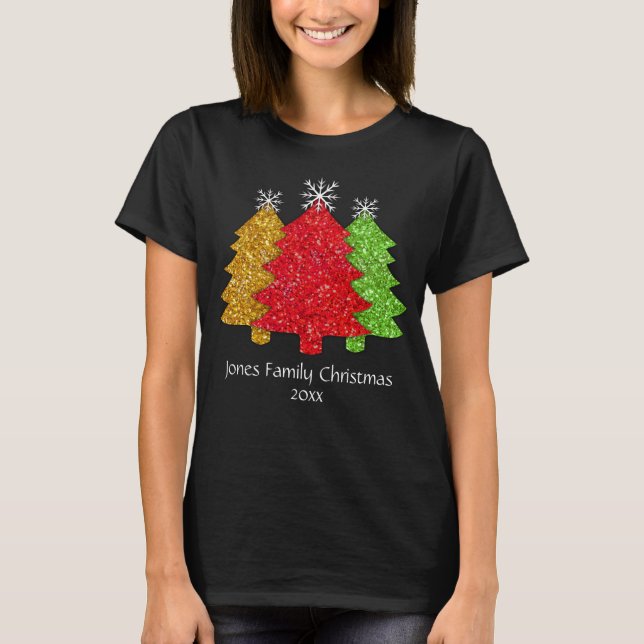 Camiseta Sparkling rojo dorado verde árbol de Navidad copo  (Anverso)