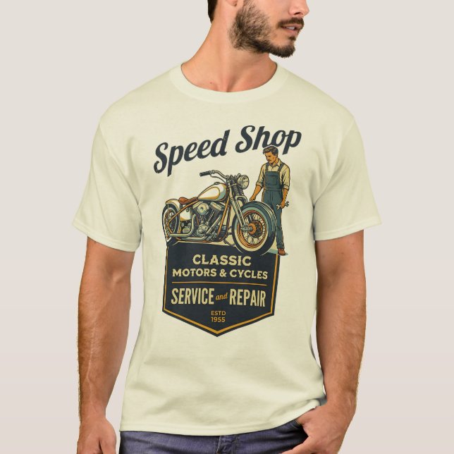 Camiseta Speed Shop – Classic Motors & Cycles Retro Garage  (Anverso)