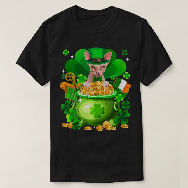Camiseta Sphynx Cat Gold Pot Shamrock St Patrons Day (Diseño del anverso)