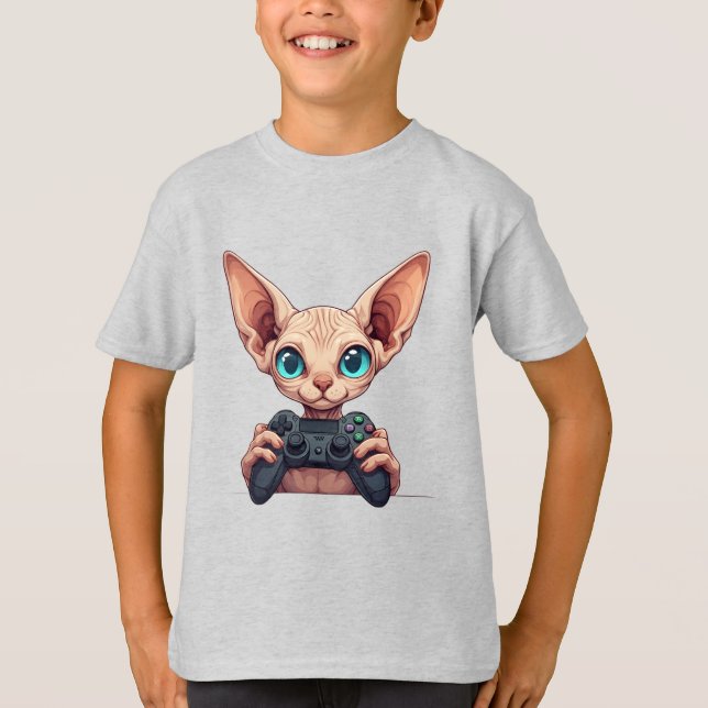 Camiseta Sphynx Cat Holding Game Controller (Anverso)
