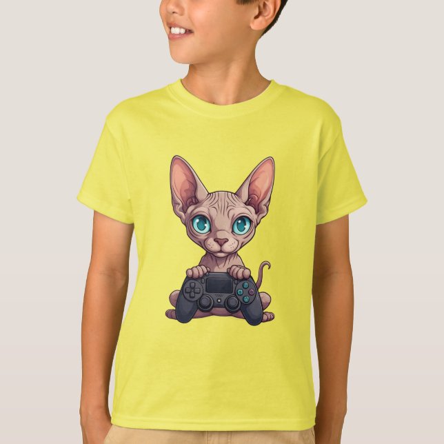 Camiseta Sphynx Cat Holding Game Controller (Anverso)