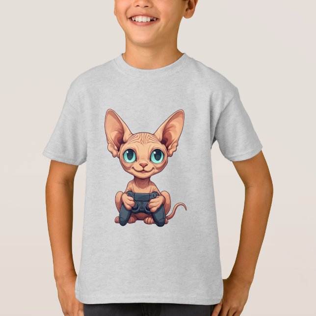 Camiseta Sphynx Cat Holding Game Controller (Anverso)
