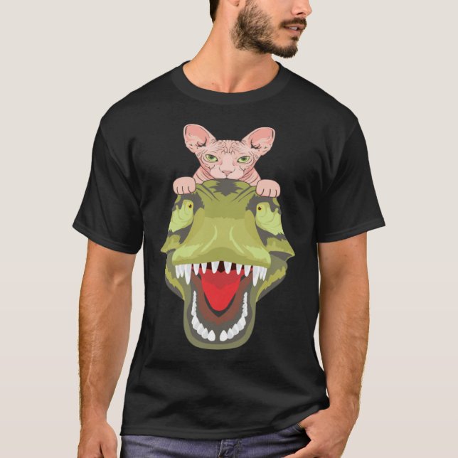 Camiseta Sphynx Riding A T-Rex Dinosaur Hairless Cat Lover (Anverso)
