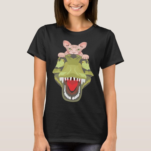 Camiseta Sphynx Riding A T-Rex Dinosaur Hairless Cat Lover (Anverso)