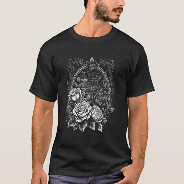 Camiseta Spider Web Con Marco Y Rosas Gótico De Halloween N (Anverso)