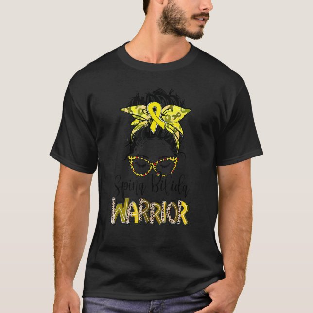 Camiseta Spina Bifida Warrior Messy Bun Yellow Ribbon Leopa (Anverso)