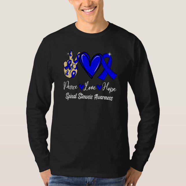 Camiseta Spinal Stenosis Awareness Peace Love Hope Blue Rib (Anverso)