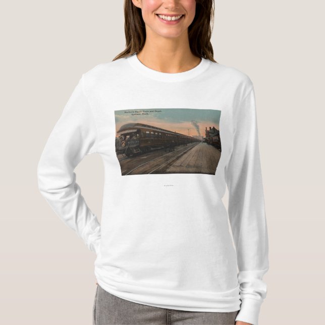 Camiseta Spokane, WA - opinión N. Pacific Train y depósito (Anverso)