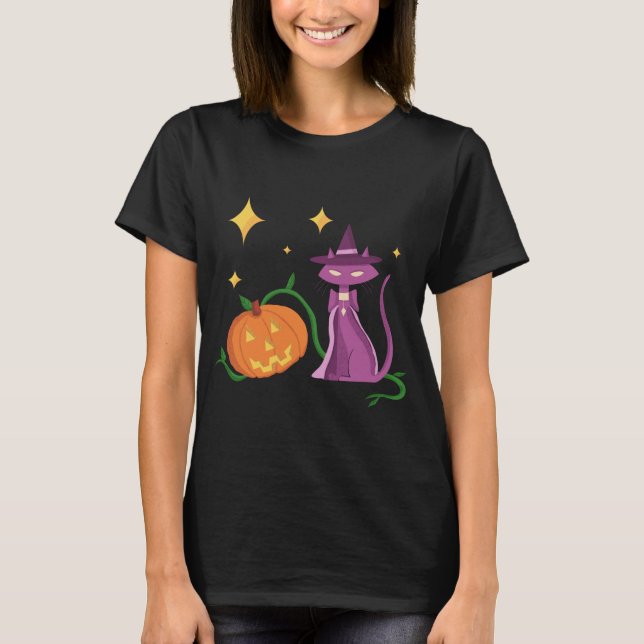 Camiseta Spooky and Cute Halloween Witch Cat and Pumpkin (Anverso)