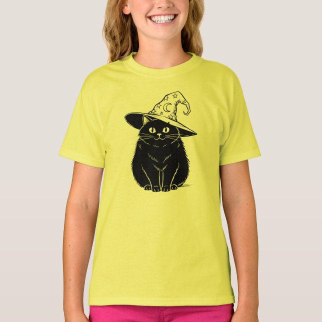 Camiseta Spooky Black Cat Wizard Gorra Halloween Design (Anverso)