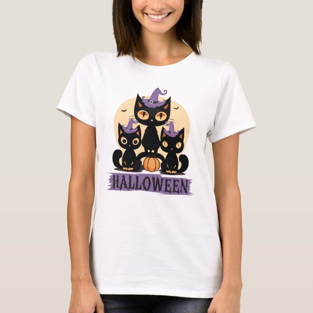 Camiseta Spooky Cute Black Cat Halloween Autumn Pumpkin  (Anverso)