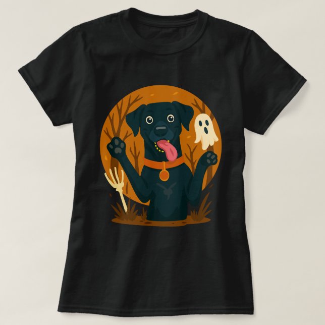 Camiseta Spooky Cute Black Dog with Ghost  (Diseño del anverso)
