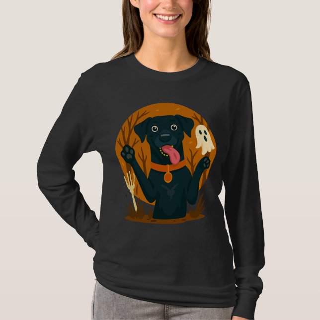 Camiseta Spooky Cute Black Dog with Ghost  (Anverso)