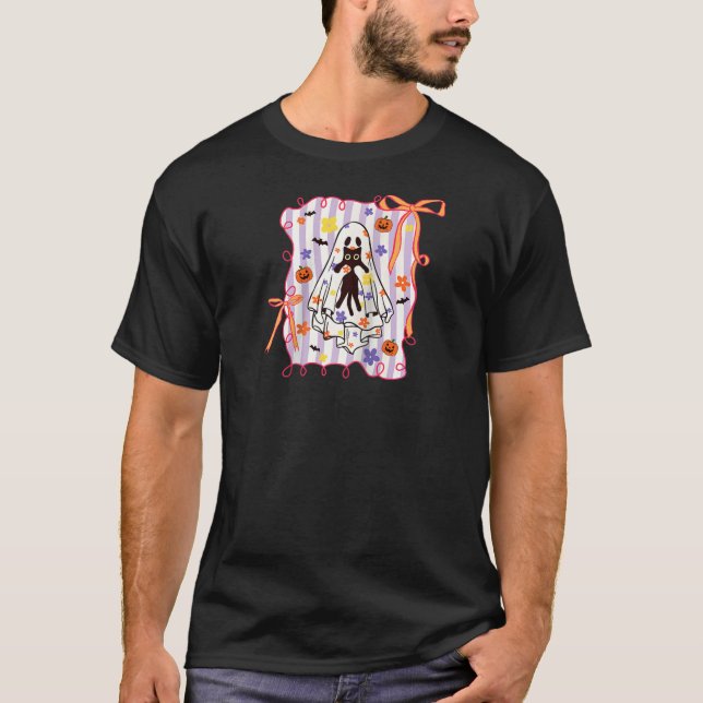 Camiseta Spooky Ghost Holding Cat Coquette Floral Pumpkin H (Anverso)