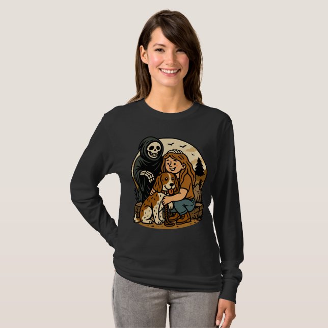 Camiseta Spooky Grim Reaper with Girl and Dog Skeleton Art  (Anverso completo)