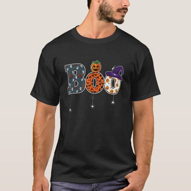 Camiseta Spooky Halloween Boo Pumpkin With Witch Hat And Sp (Anverso)
