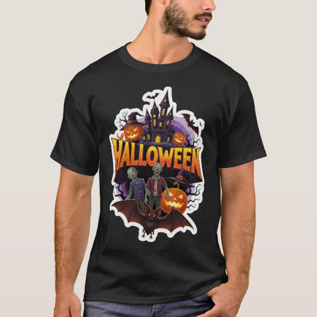 Camiseta Spooky Halloween scene with zombies castle and pum (Anverso)