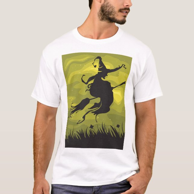 Camiseta Spooky Halloween Witch Flying on Broomstick (Anverso)