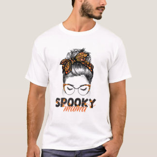 Camiseta Spooky Mama Leopard Bandana Messy Bun Halloween Co