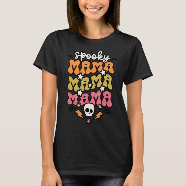 Camiseta Spooky Mama Retro Groovy Skeleton Lightning (Anverso)