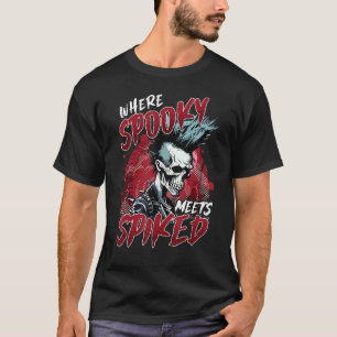 Camiseta Spooky Meets Spike Punk Skeleton Con Grave Yard