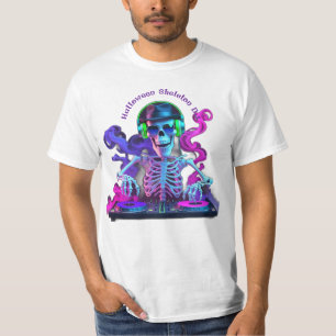 Camiseta Spooky Neon Halloween Skeleton DJ Ilustracion