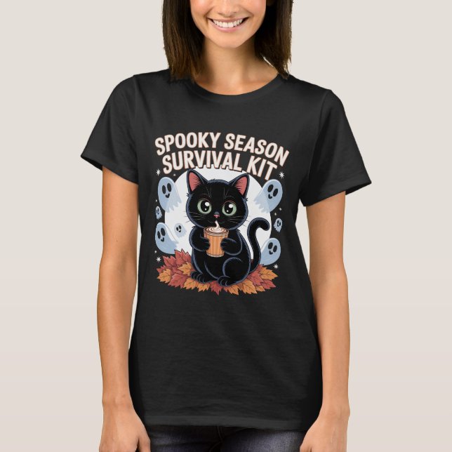 Camiseta Spooky Season Survival Kit Cute Black Cat T-Shirt  (Anverso)