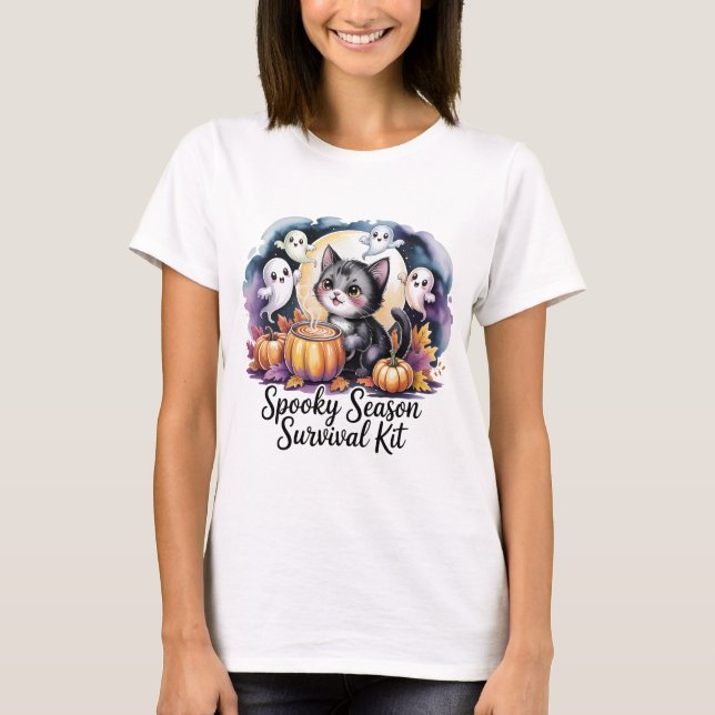 Camiseta Spooky Season Survival Kit Cute Cat Ghost T-Shirt  (Anverso)