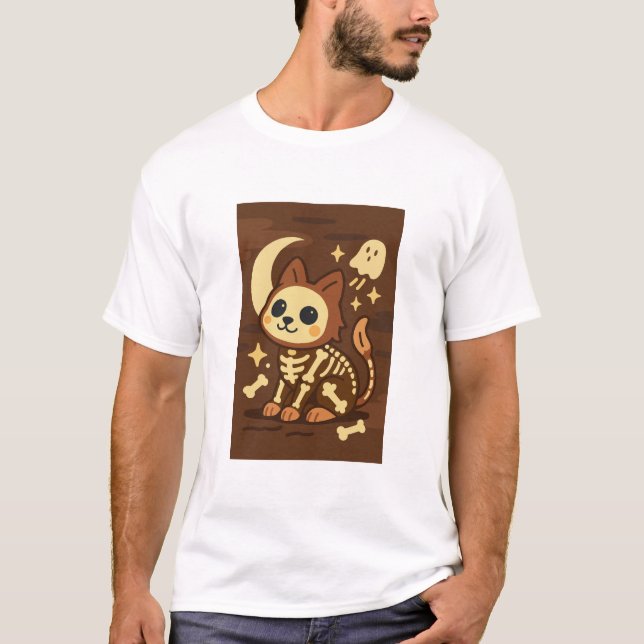 Camiseta Spooky Skeleton Cat and Ghost T-Shirt (Anverso)