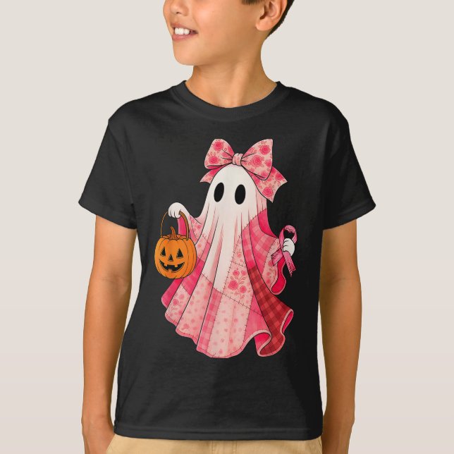 Camiseta Spooky Vibes Pink Ghost Preppy Halloween Women Gir (Anverso)