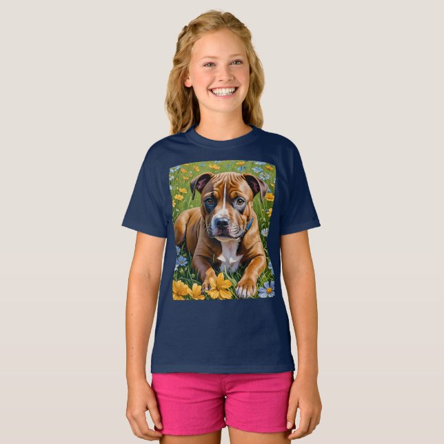 Camiseta Springtime Staffordshire Bull Terrier Puppy, (Anverso completo)