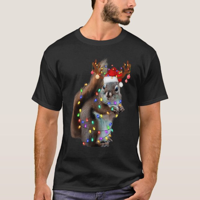 Camiseta Squirrel Christmas Decorations Santa Hat Xmas Ligh (Anverso)