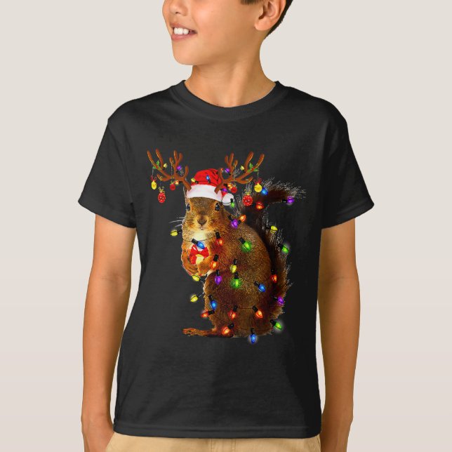 Camiseta Squirrel Christmas Tree Lights Reindeer Santa Hat  (Anverso)