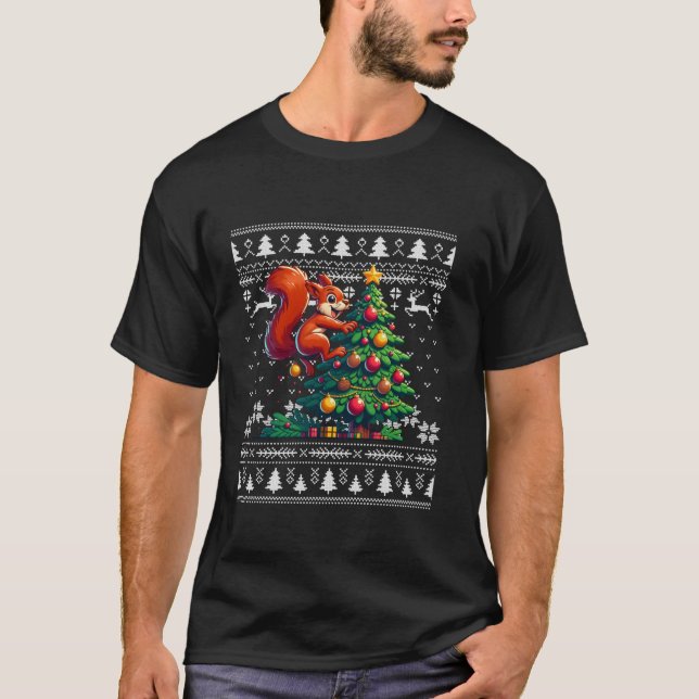 Camiseta Squirrel Navidades feos Snowflakes Light Santa Hat (Anverso)