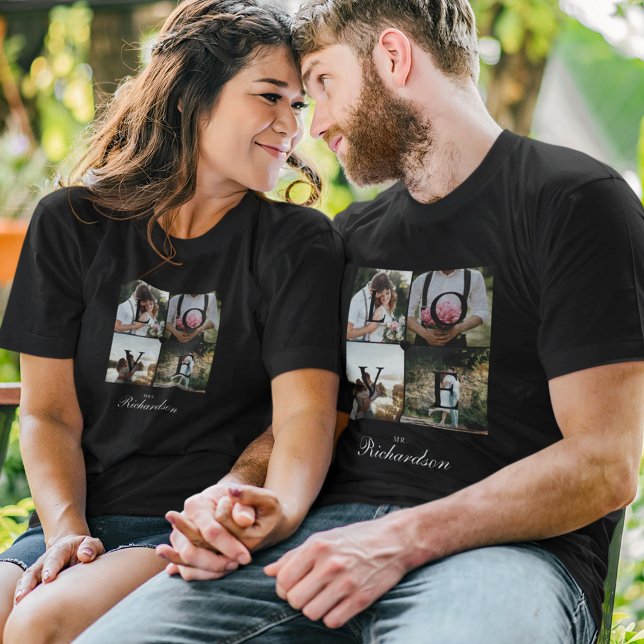 Camiseta Sr. Love Newlyweds Boda Collage de fotos Negro (Mr. Love Newlyweds Wedding Photo Collage Black T-Shirt)
