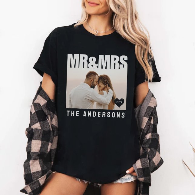 Camiseta Sr. y Sra. Bloque fotográfico Nombres de Aniversar (Mr & Mrs Photo Block Heart Anniversary Names Black T-Shirt
)