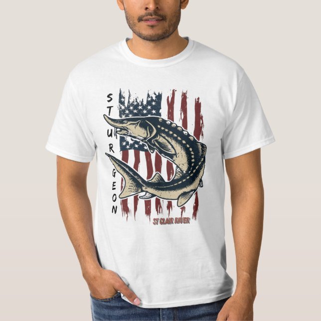 Camiseta St Clair River Sturgeon Fish with Flag Shirt (Anverso)